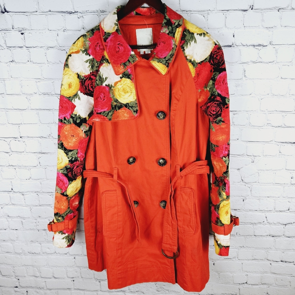 ELEVENSES | Anthro floral red blossom cotton button up belted trench coat